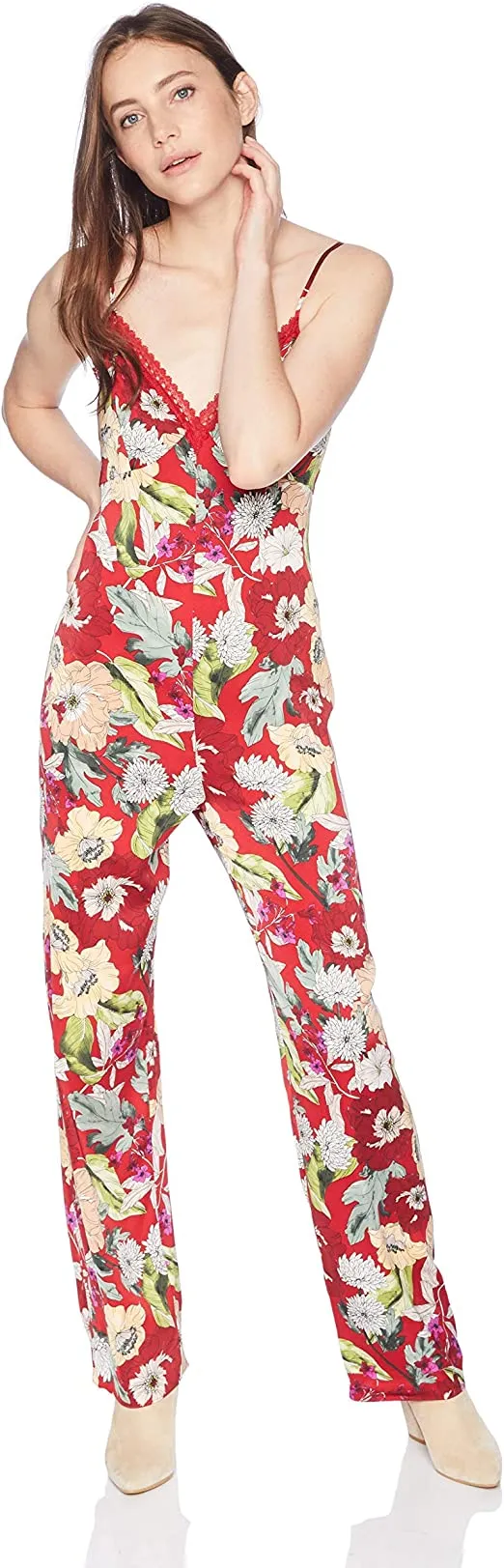 GUESS Women's Sleeveless Lux Jumpsuit Pants, Garden Fever Print Sultry red, 6