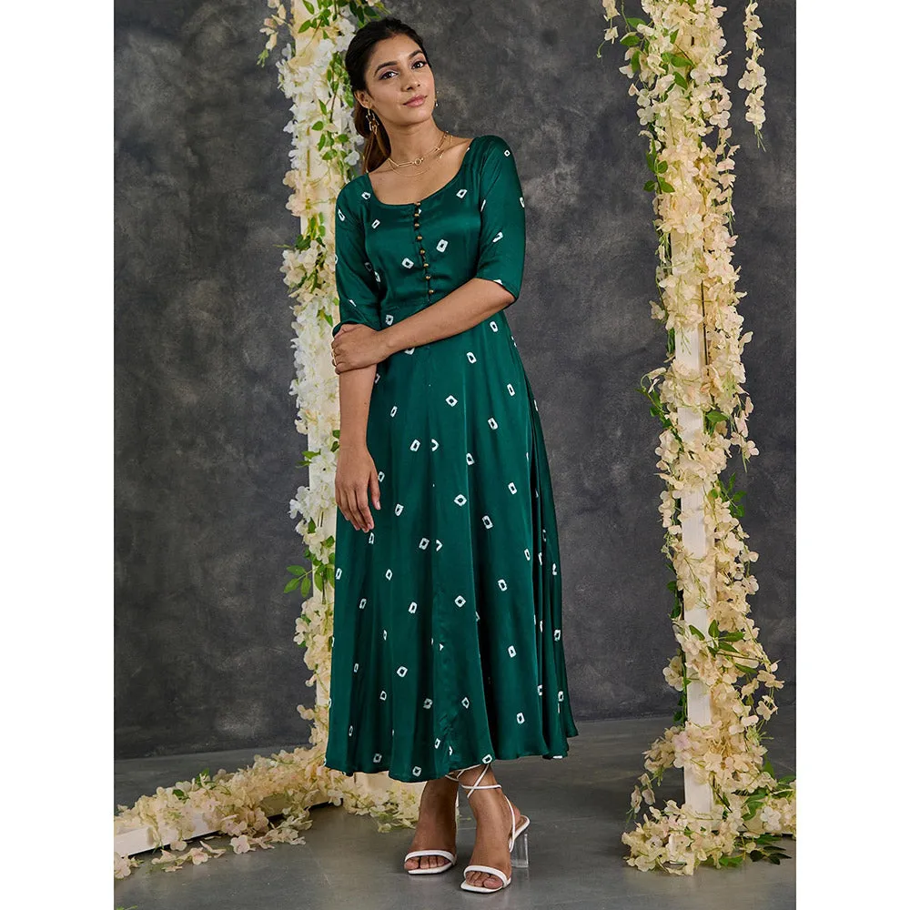 Gulaal Green Bandhani Modal Satin Fit & Flare Dress