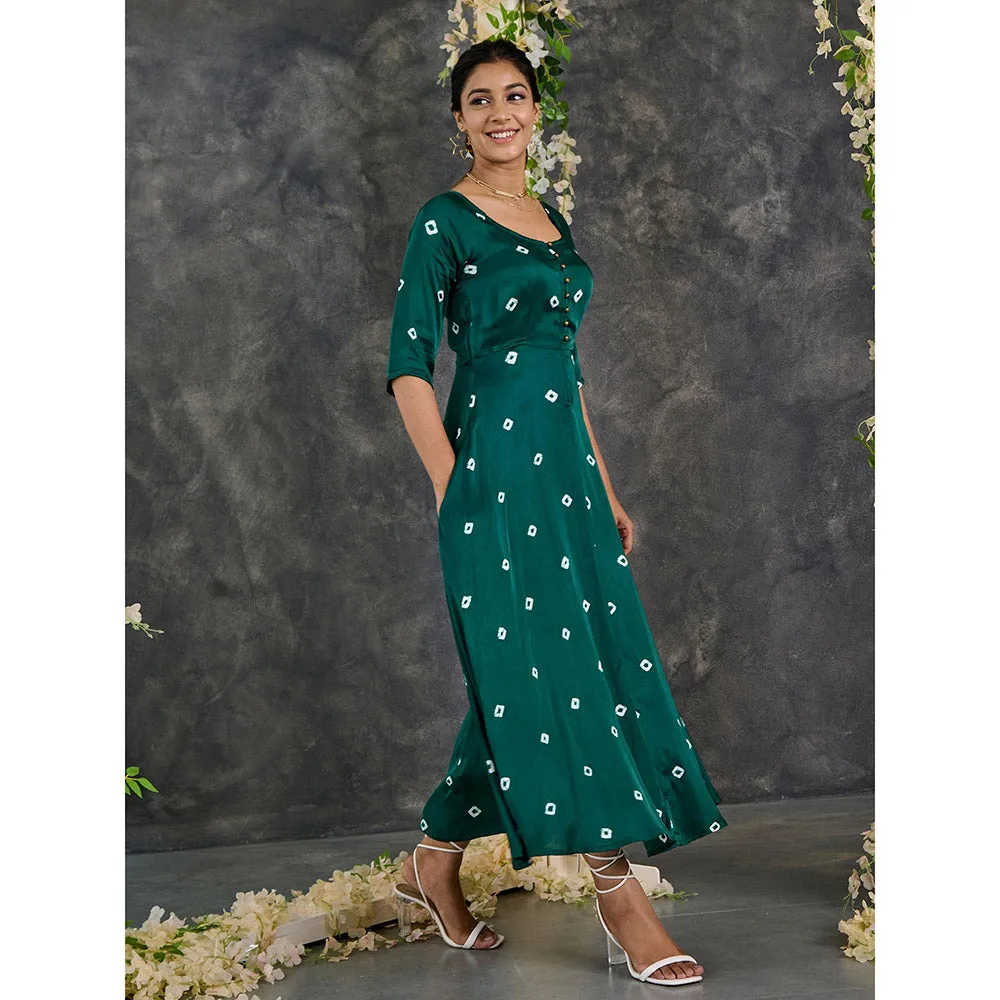 Gulaal Green Bandhani Modal Satin Fit & Flare Dress