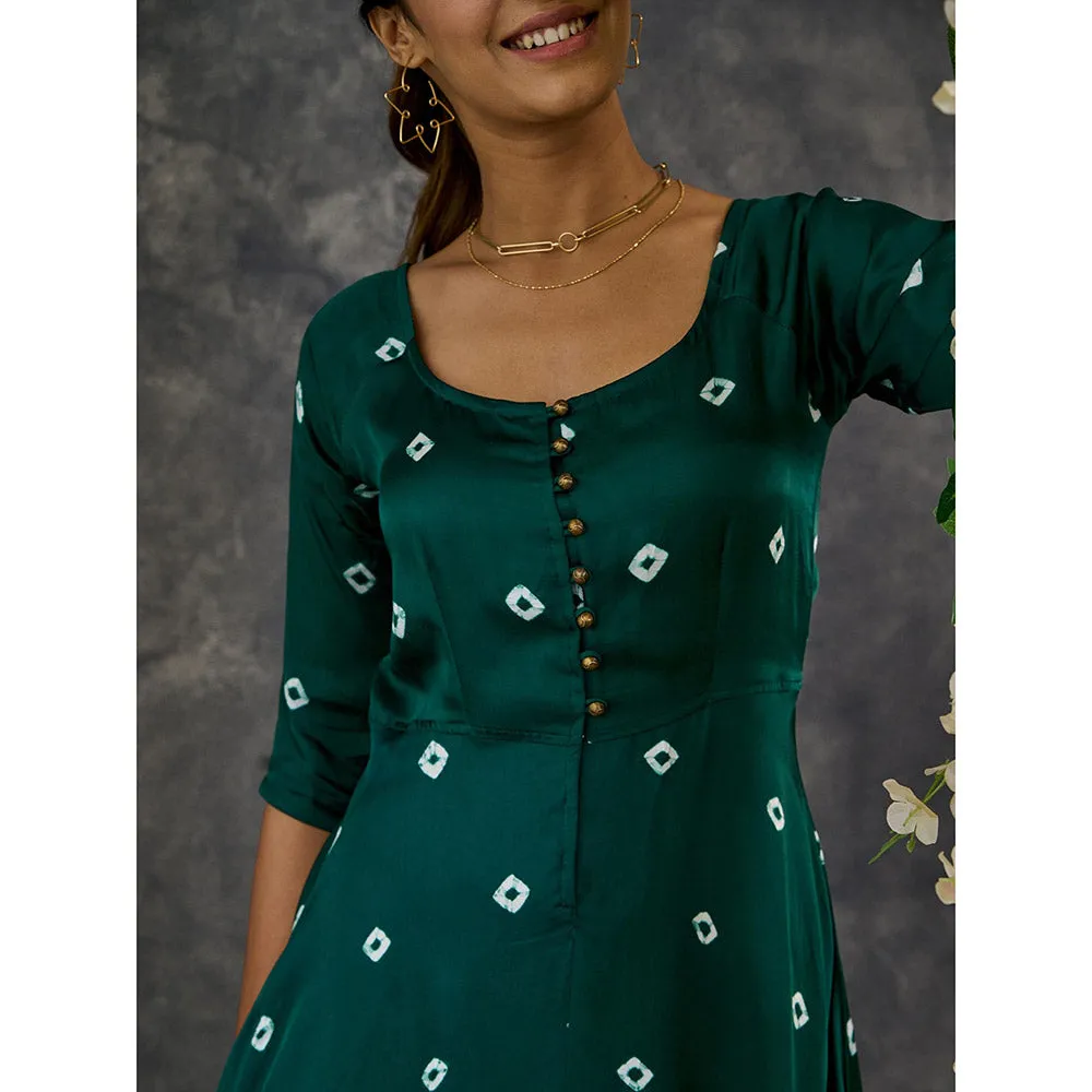 Gulaal Green Bandhani Modal Satin Fit & Flare Dress