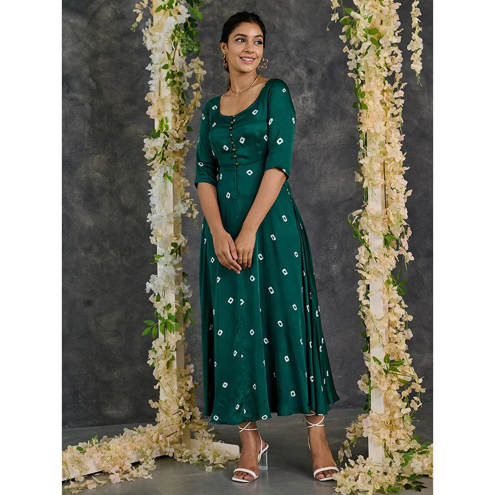 Gulaal Green Bandhani Modal Satin Fit & Flare Dress