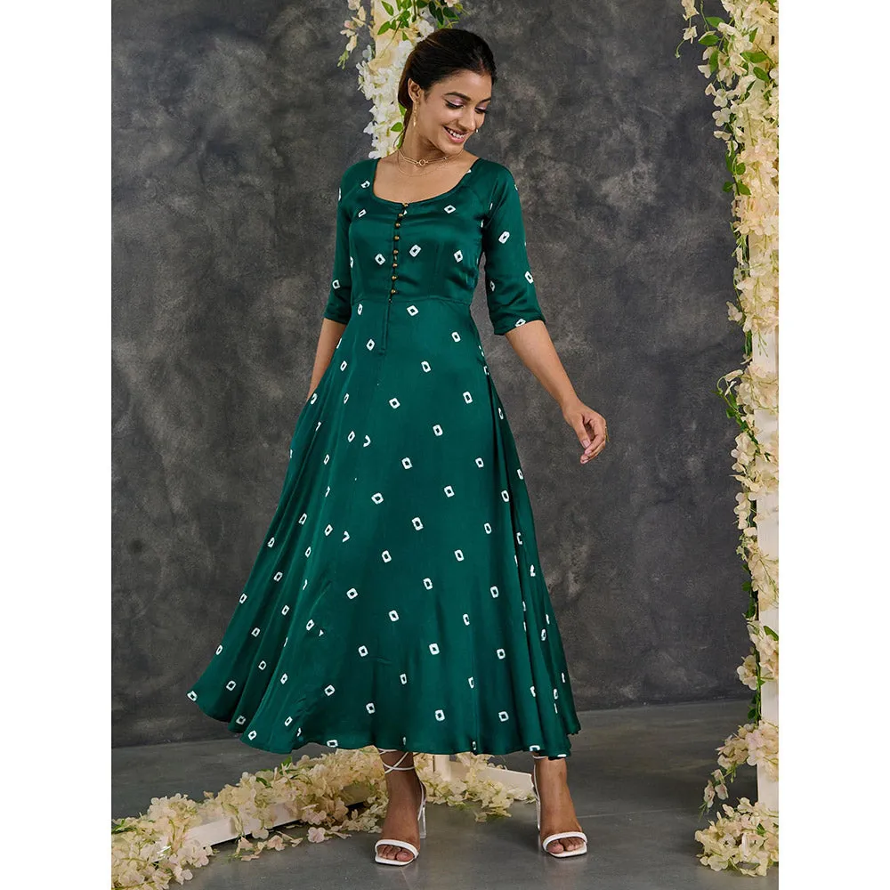 Gulaal Green Bandhani Modal Satin Fit & Flare Dress