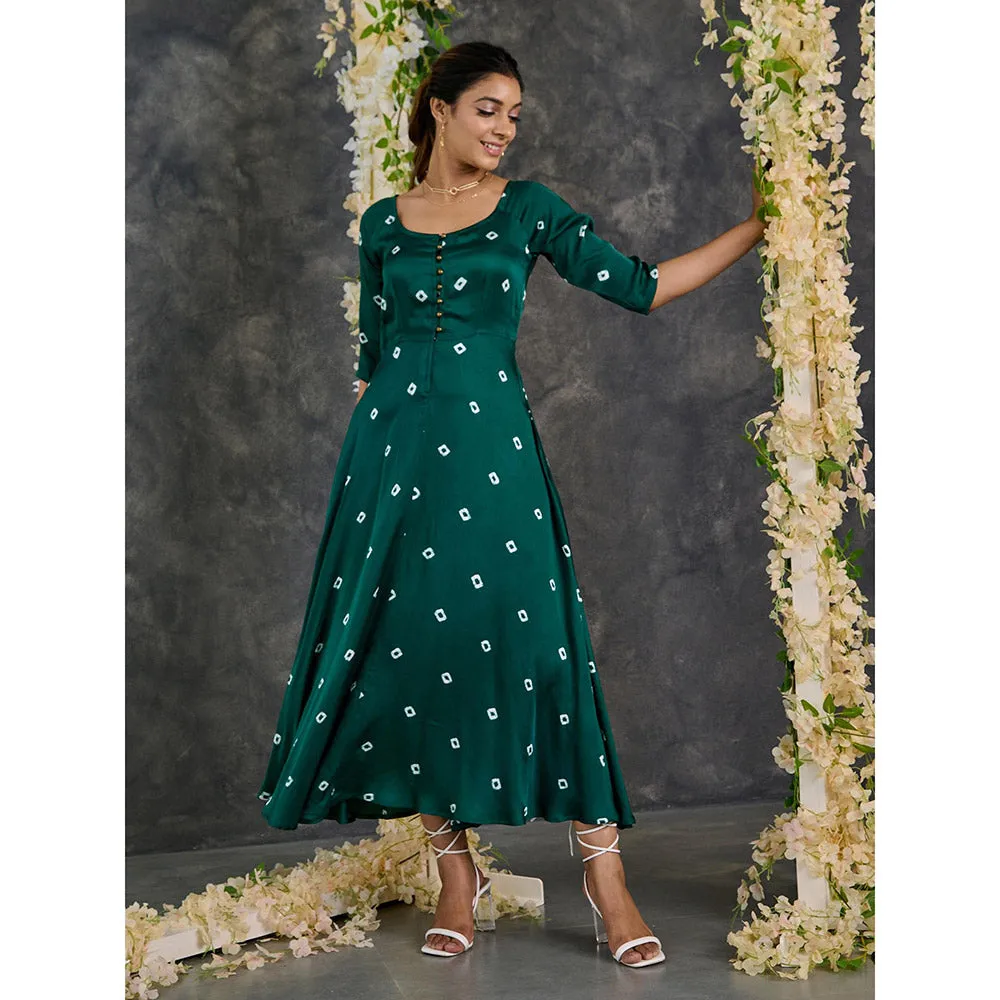 Gulaal Green Bandhani Modal Satin Fit & Flare Dress