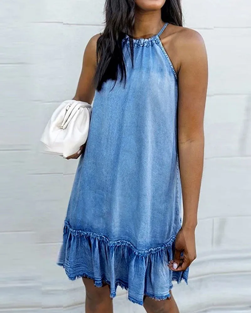 Halter Backless Tassel Denim Mini Dresses