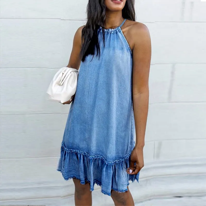 Halter Backless Tassel Denim Mini Dresses