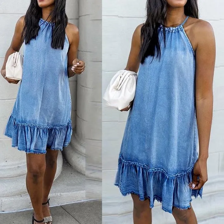 Halter Backless Tassel Denim Mini Dresses