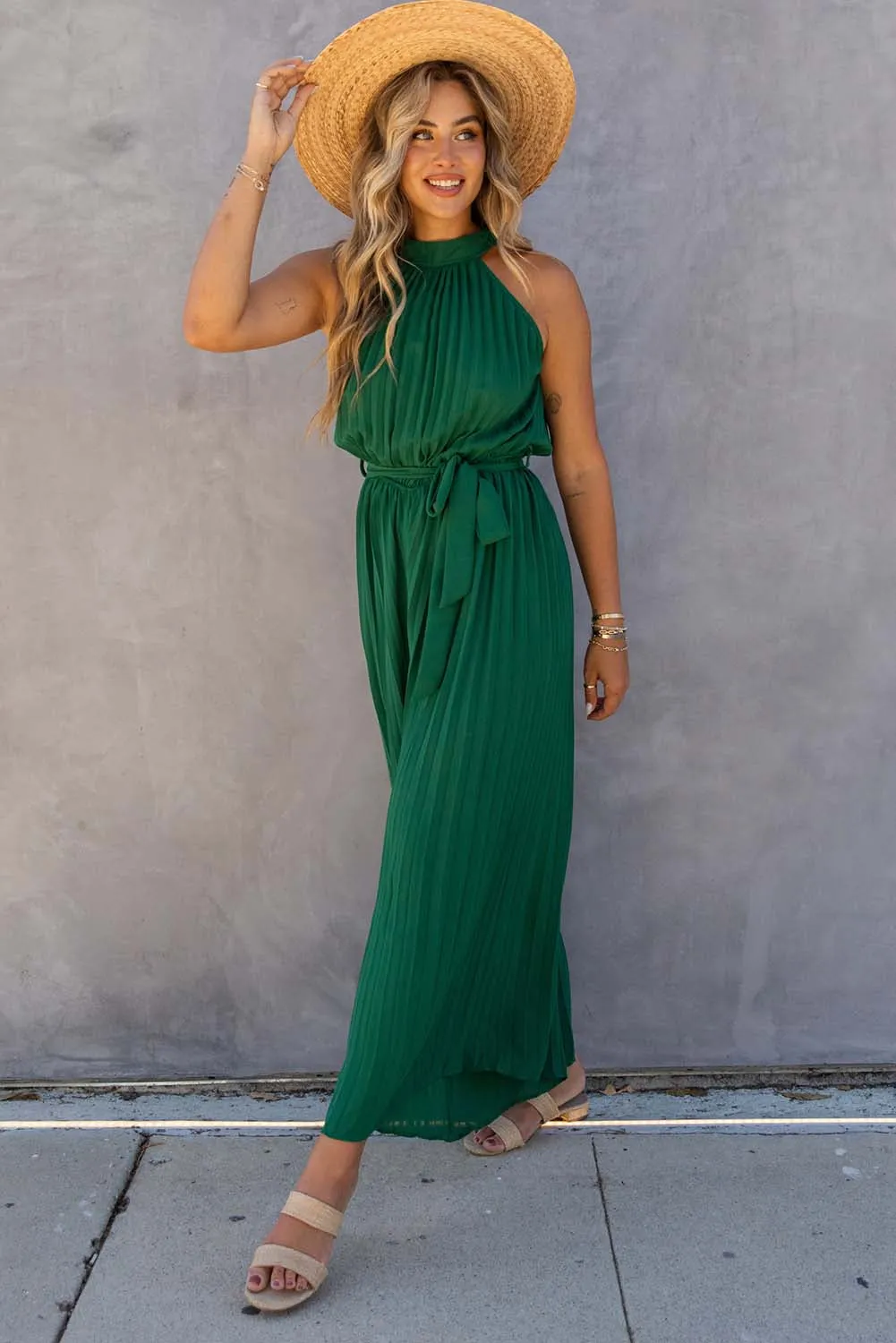 Halter Neck Pleated Wide Leg Jumpsuit