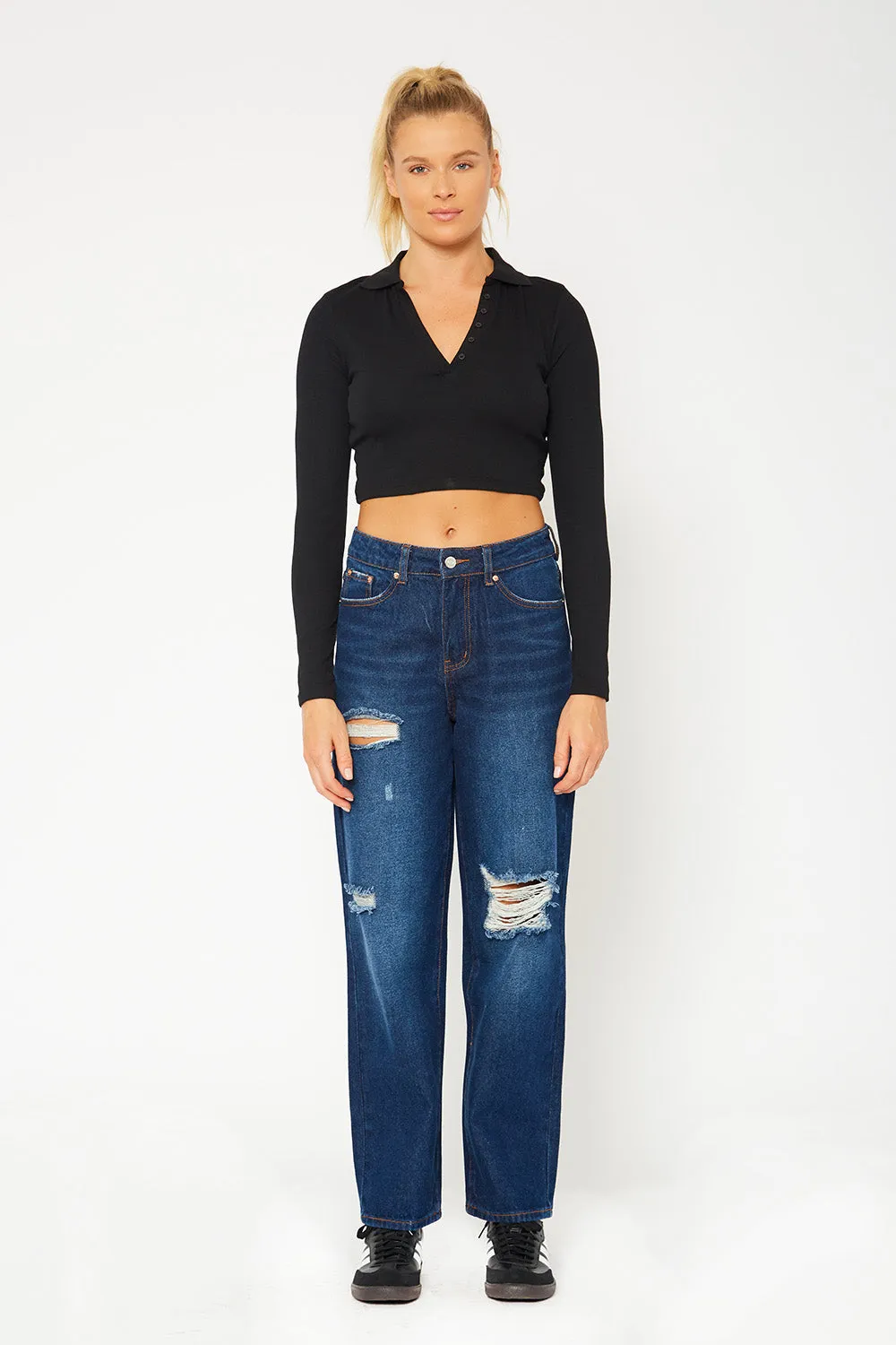 High-rise dark blue baggy dad fit jeans