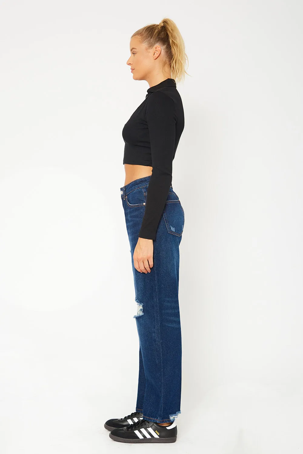 High-rise dark blue baggy dad fit jeans