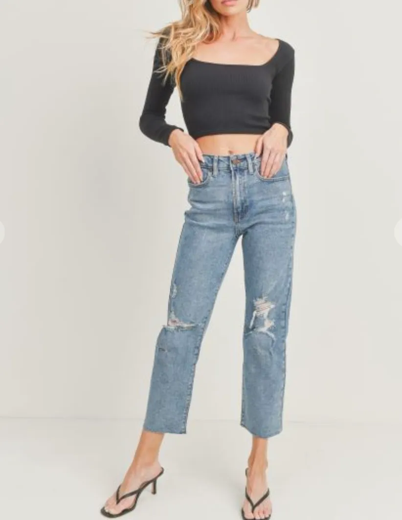 HIGH RISE DISTRESSED STRAIGHT LEG DENIM // FINAL SALE