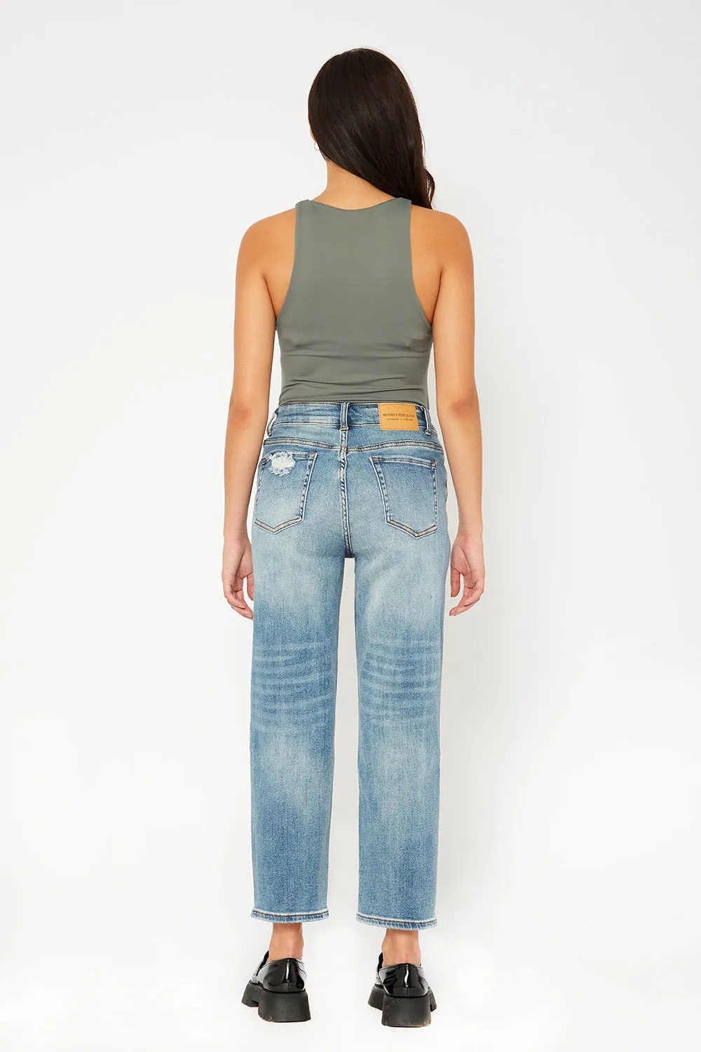 High-rise medium blue dad fit stretch jeans