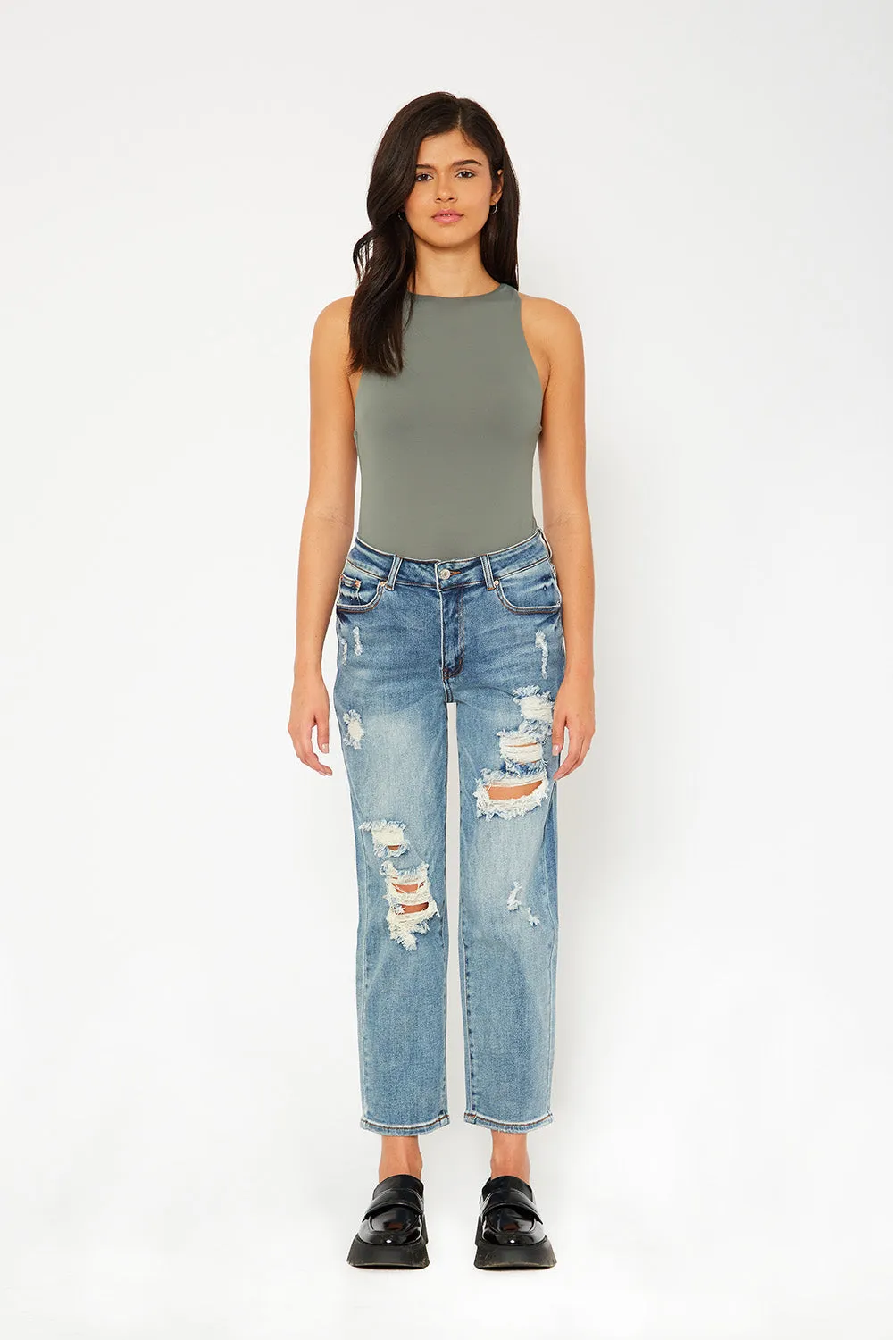 High-rise medium blue dad fit stretch jeans