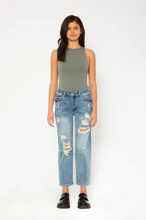 High-rise medium blue dad fit stretch jeans