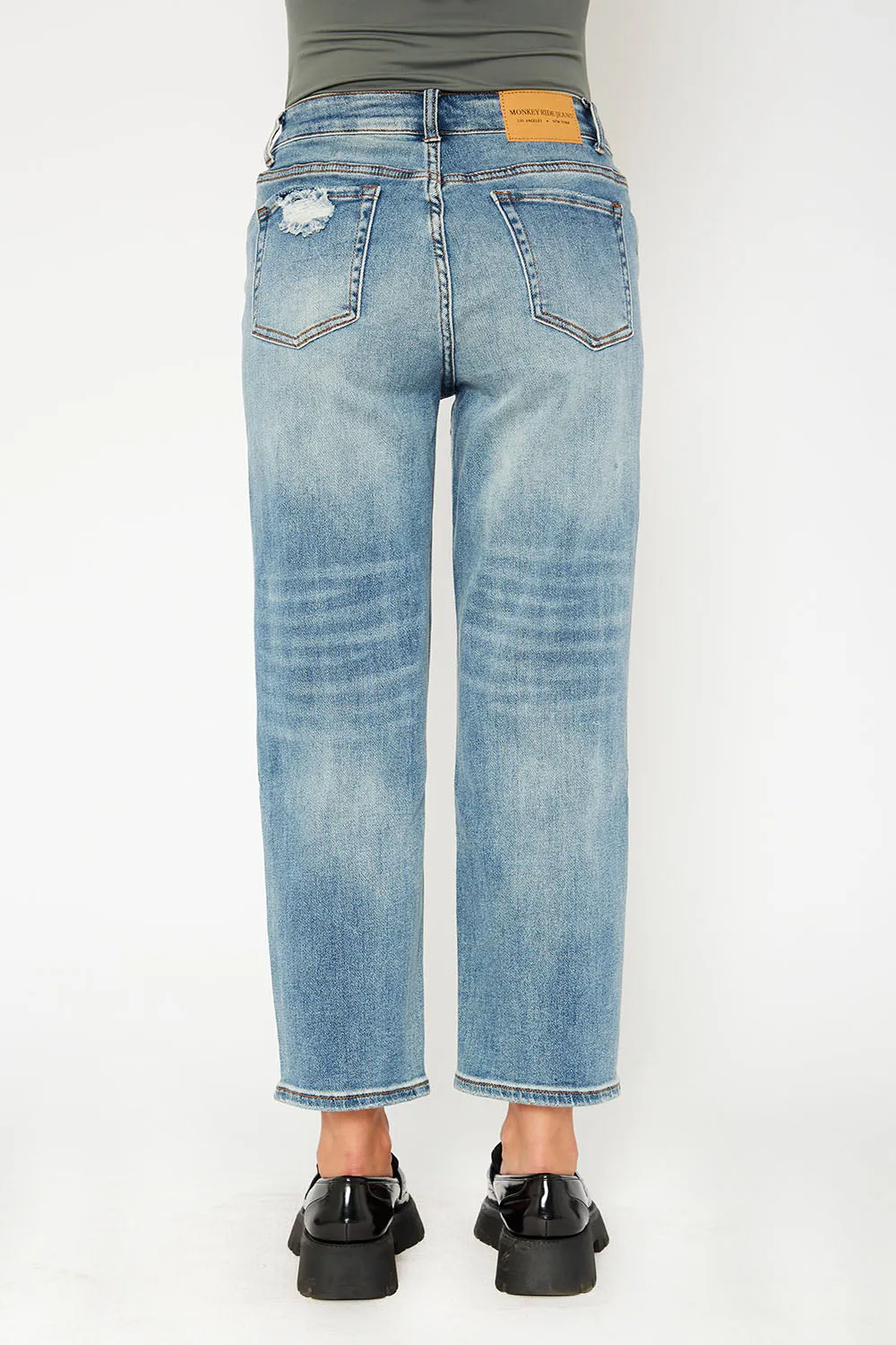 High-rise medium blue dad fit stretch jeans