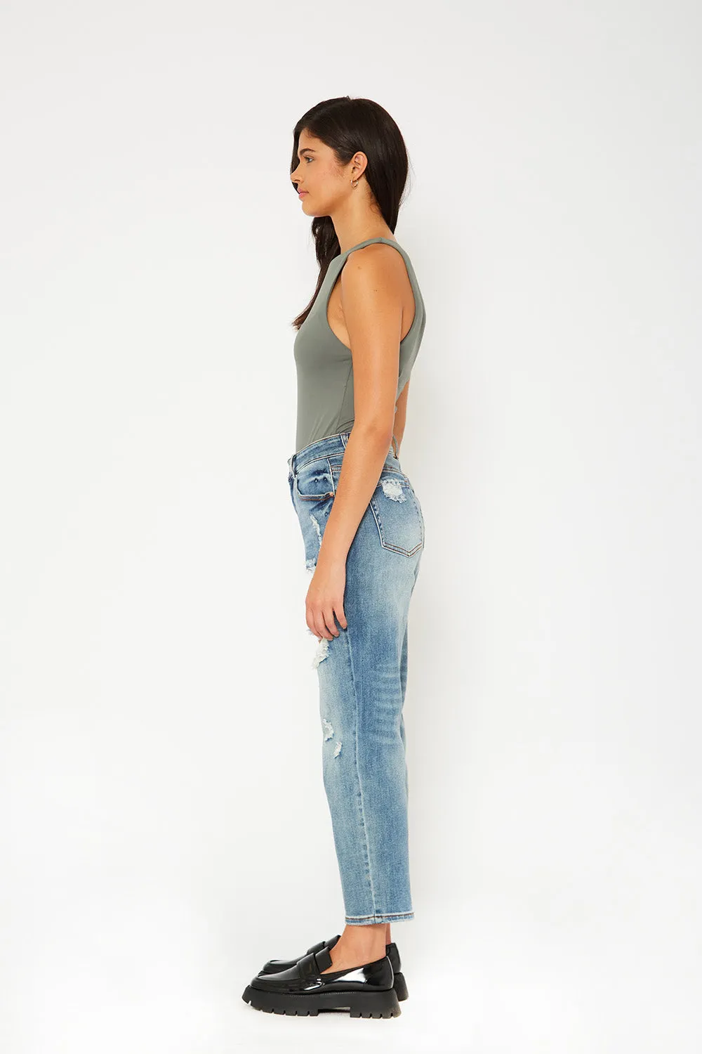 High-rise medium blue dad fit stretch jeans