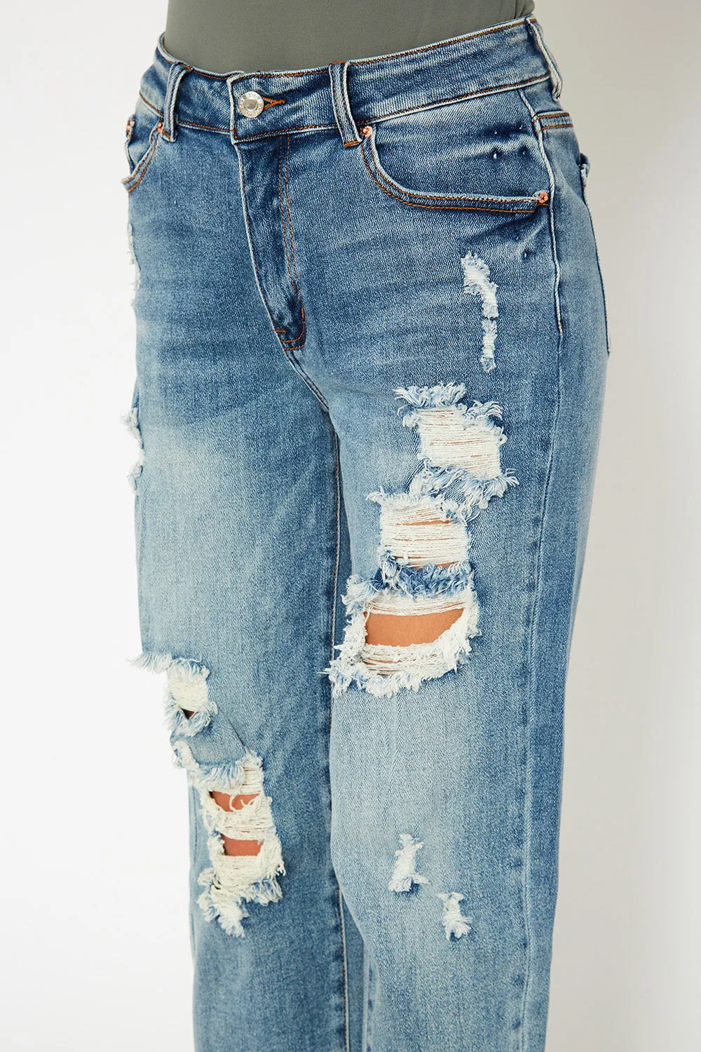 High-rise medium blue dad fit stretch jeans