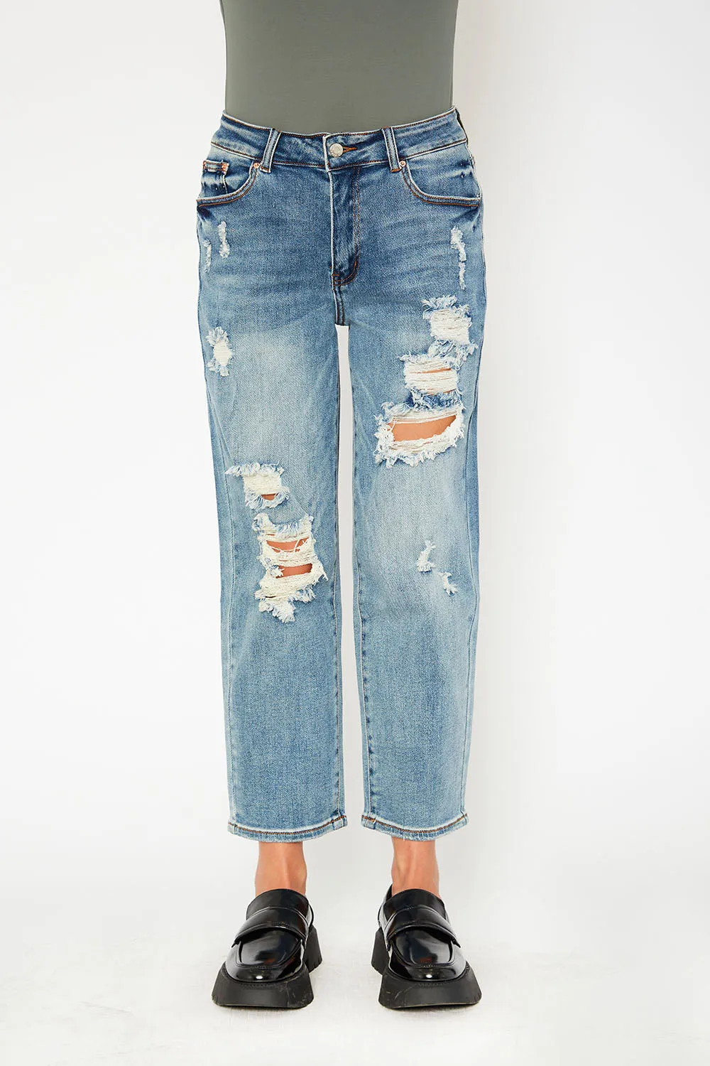 High-rise medium blue dad fit stretch jeans