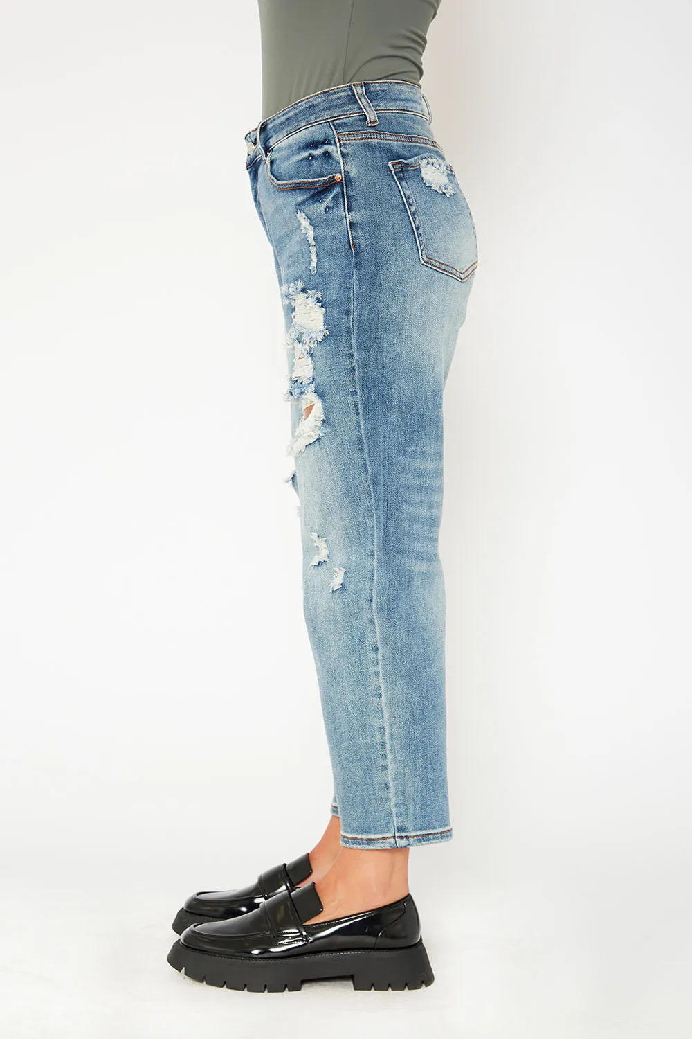 High-rise medium blue dad fit stretch jeans