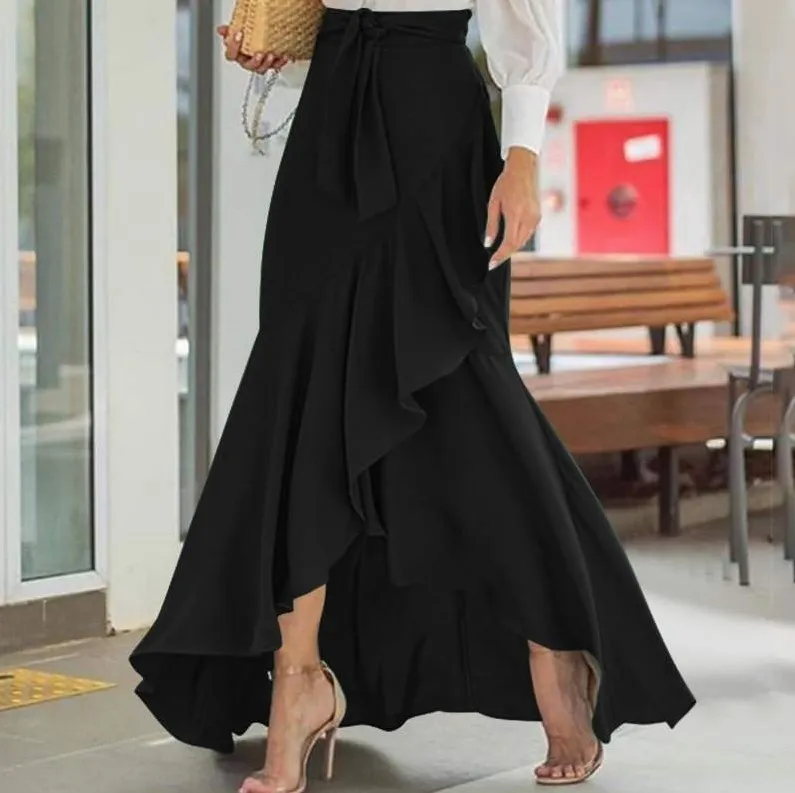 High Waist Ruffle Maxi Skirt - Elegant Fishtail Style, Polyester Fiber Material
