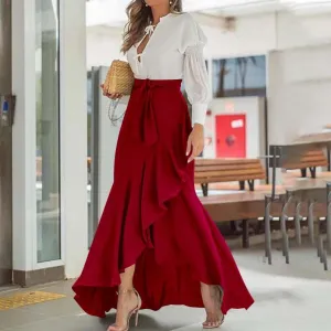 High Waist Ruffle Maxi Skirt - Elegant Fishtail Style, Polyester Fiber Material