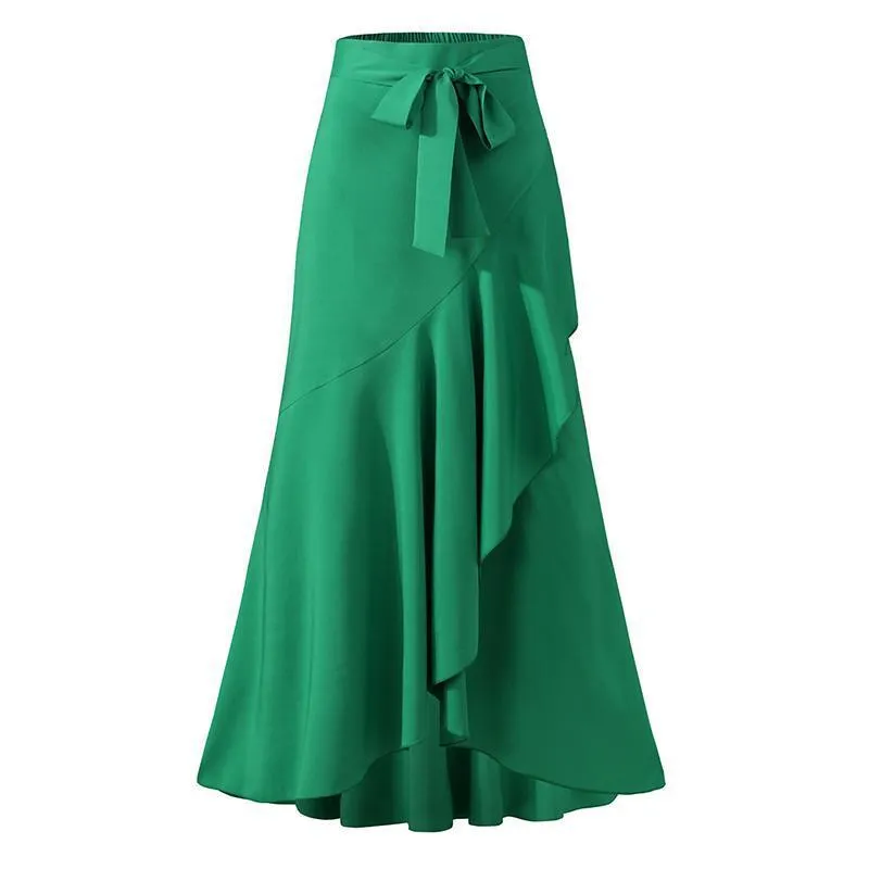 High Waist Ruffle Maxi Skirt - Elegant Fishtail Style, Polyester Fiber Material