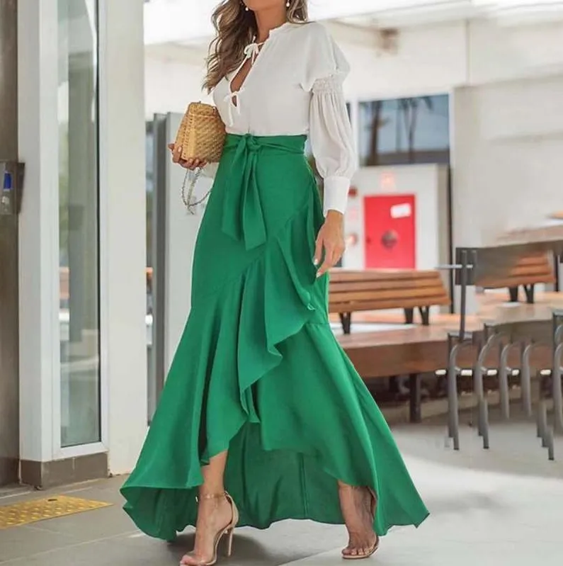 High Waist Ruffle Maxi Skirt - Elegant Fishtail Style, Polyester Fiber Material