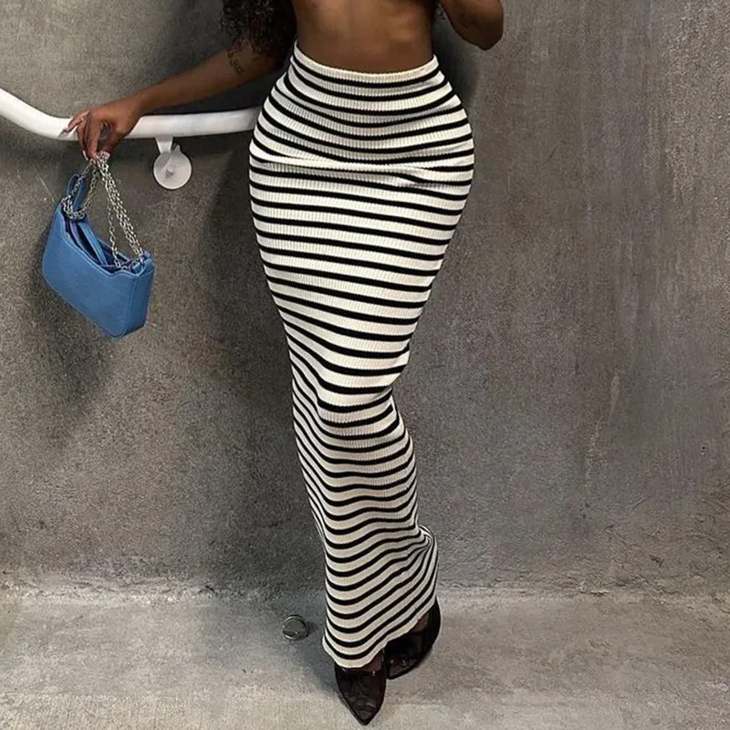 High Waist Striped Maxi Skirt - Knitted, Hip Hugging - Polyester/Spandex