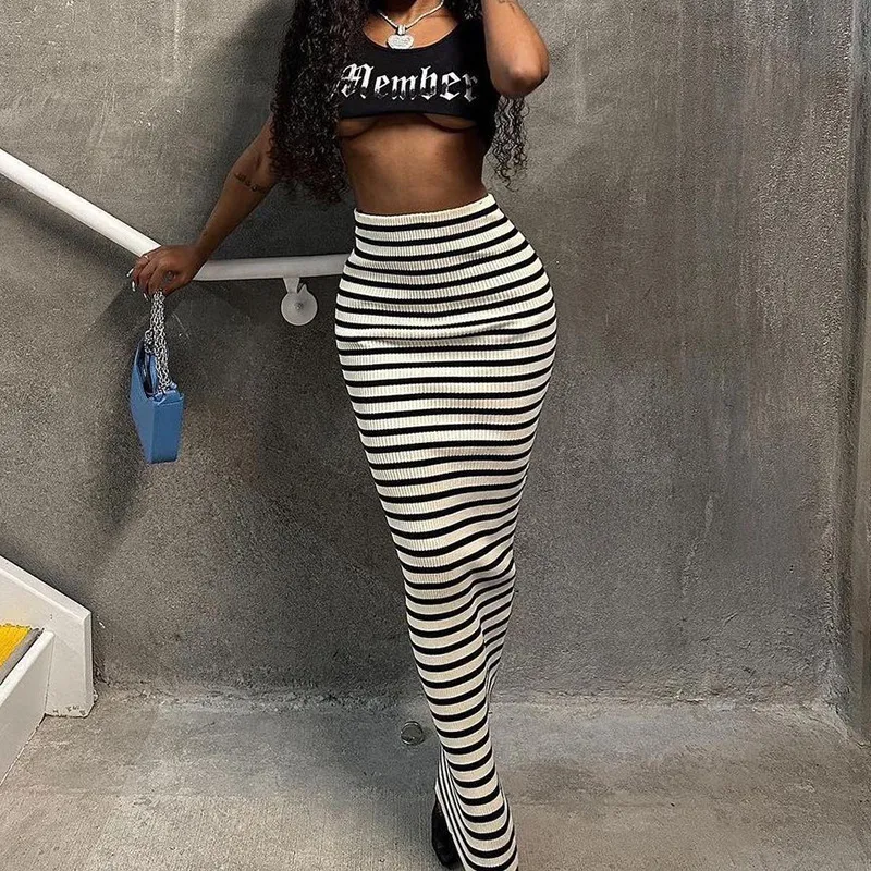 High Waist Striped Maxi Skirt - Knitted, Hip Hugging - Polyester/Spandex