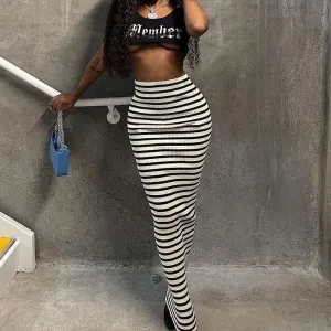 High Waist Striped Maxi Skirt - Knitted, Hip Hugging - Polyester/Spandex