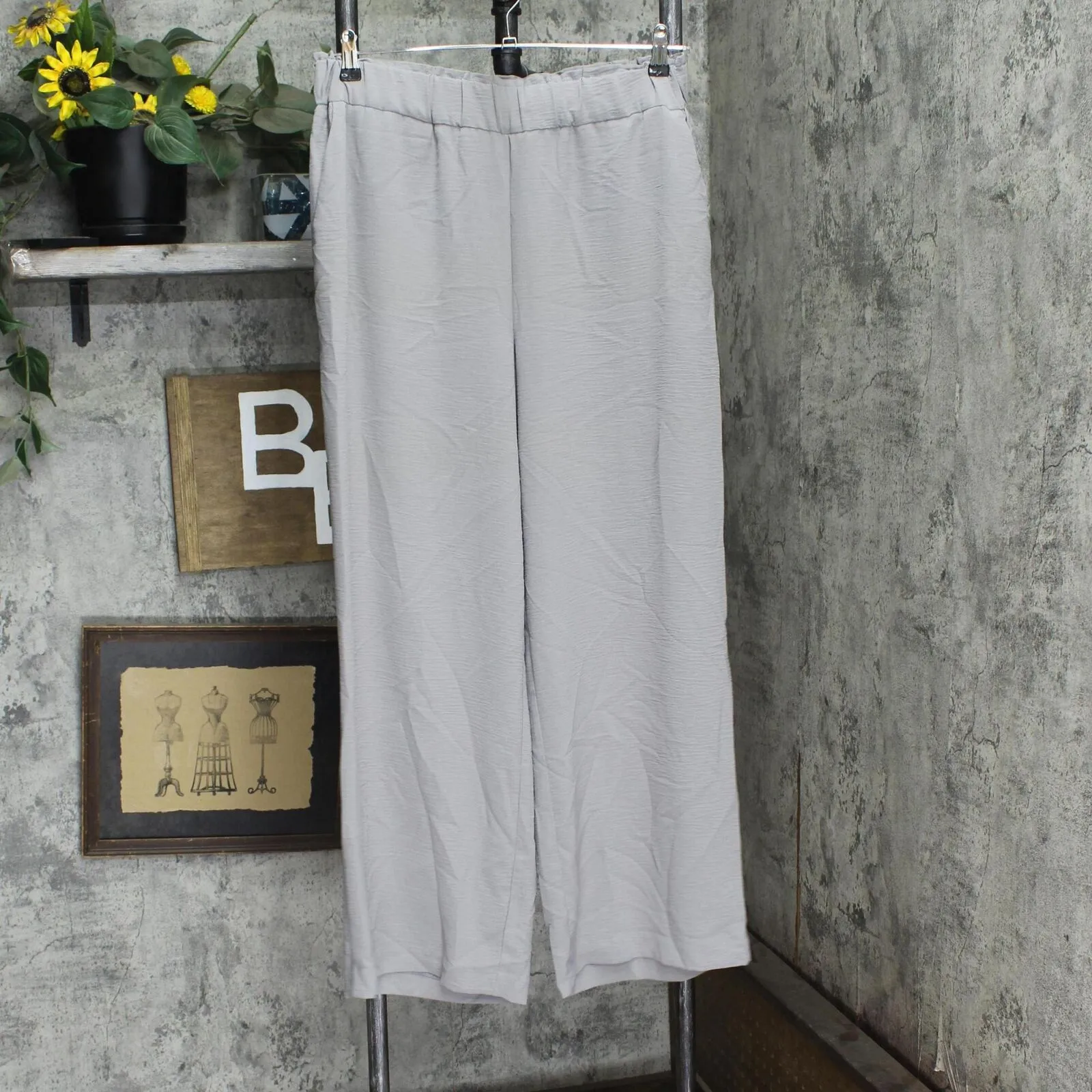 Hilary Radley Womens Wide Leg Crinkle Pants With Elasticwaistband 1777947 Gray L