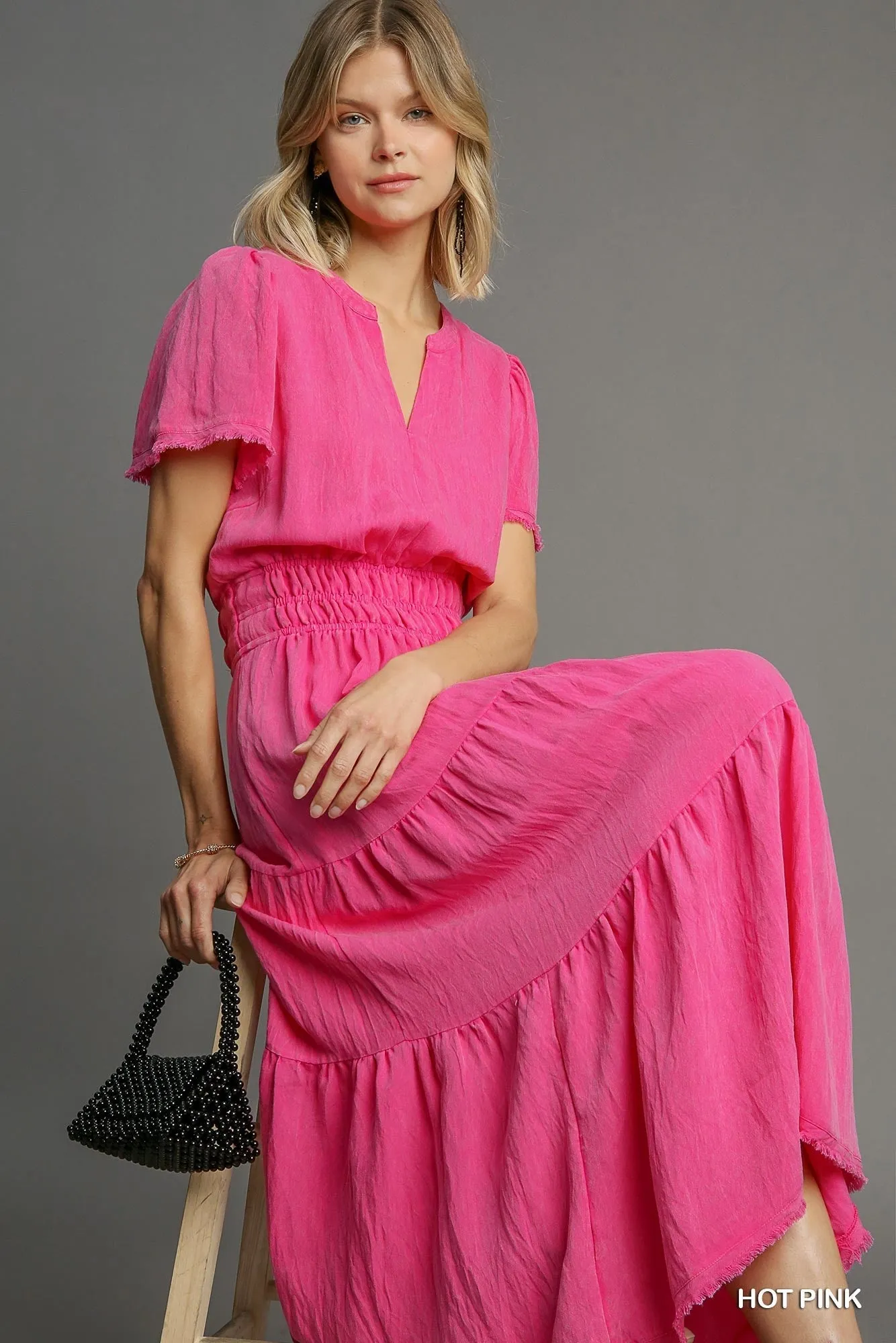 Hot Pink Snow Washed Tiered Maxi Dress