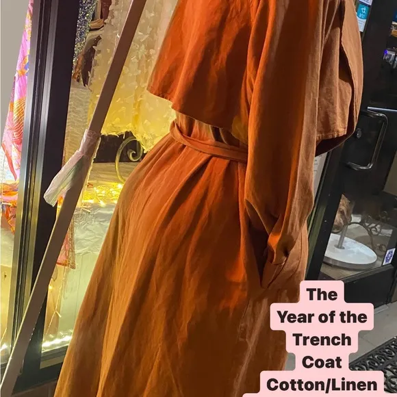 In Loom Brand cotton linen trench coat belt pockets S M - rich pumpkin color