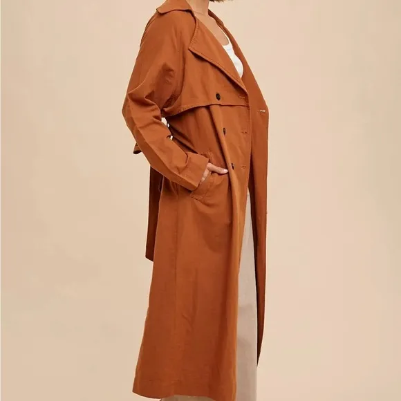 In Loom Brand cotton linen trench coat belt pockets S M - rich pumpkin color