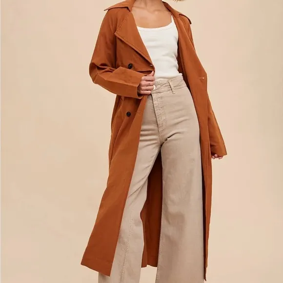 In Loom Brand cotton linen trench coat belt pockets S M - rich pumpkin color