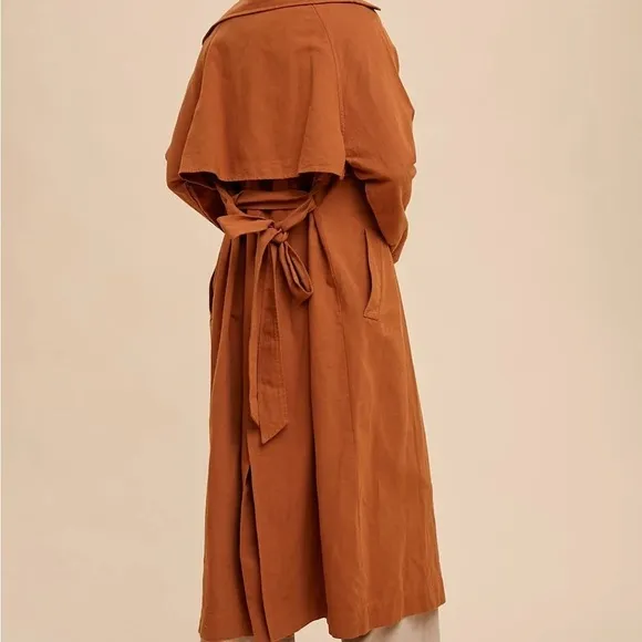 In Loom Brand cotton linen trench coat belt pockets S M - rich pumpkin color