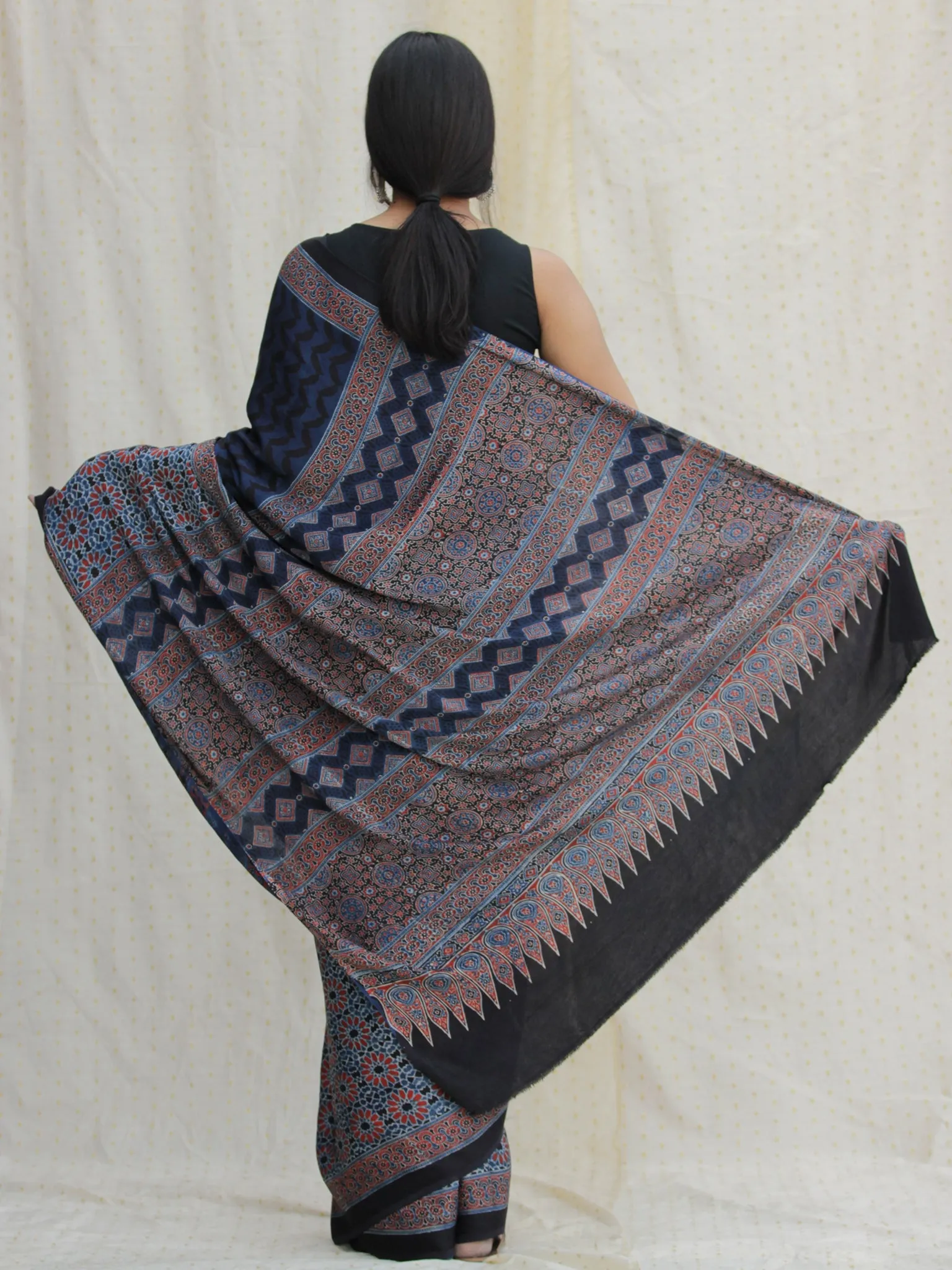 Indigo Red Black Ajrakh Hand Block Printed Modal Silk Saree - S031704138