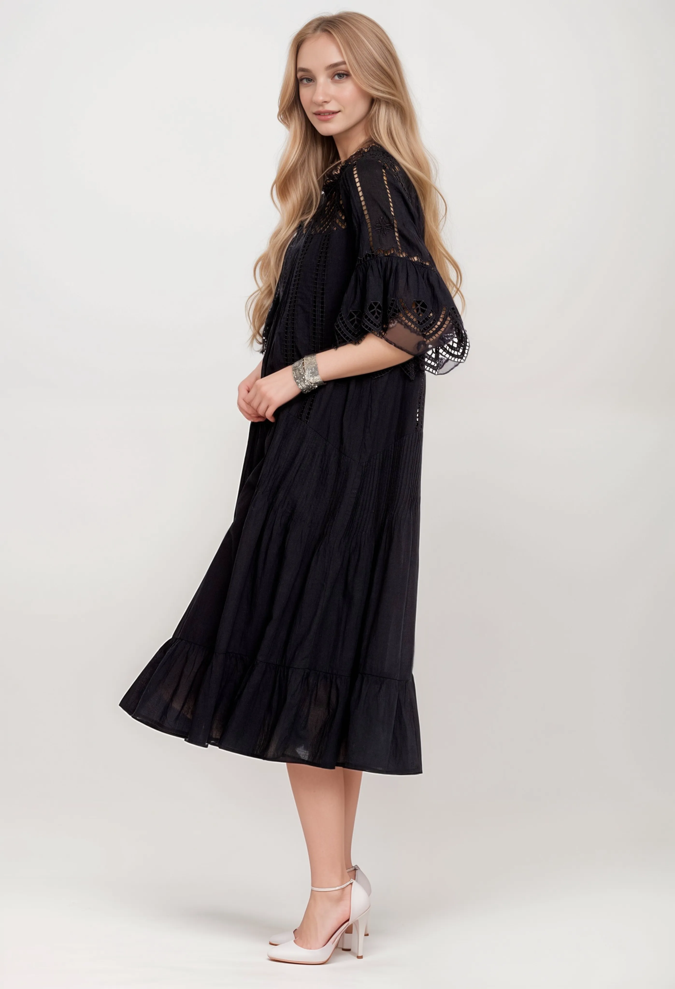 Johnny Was Karolina Floral Linen Ruffle Midi Dress L30324