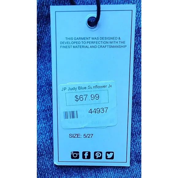 Judy Blue NWT Sunflower Embroidered Relaxed Fit Jeans size 5/27 Style #88257 NEW