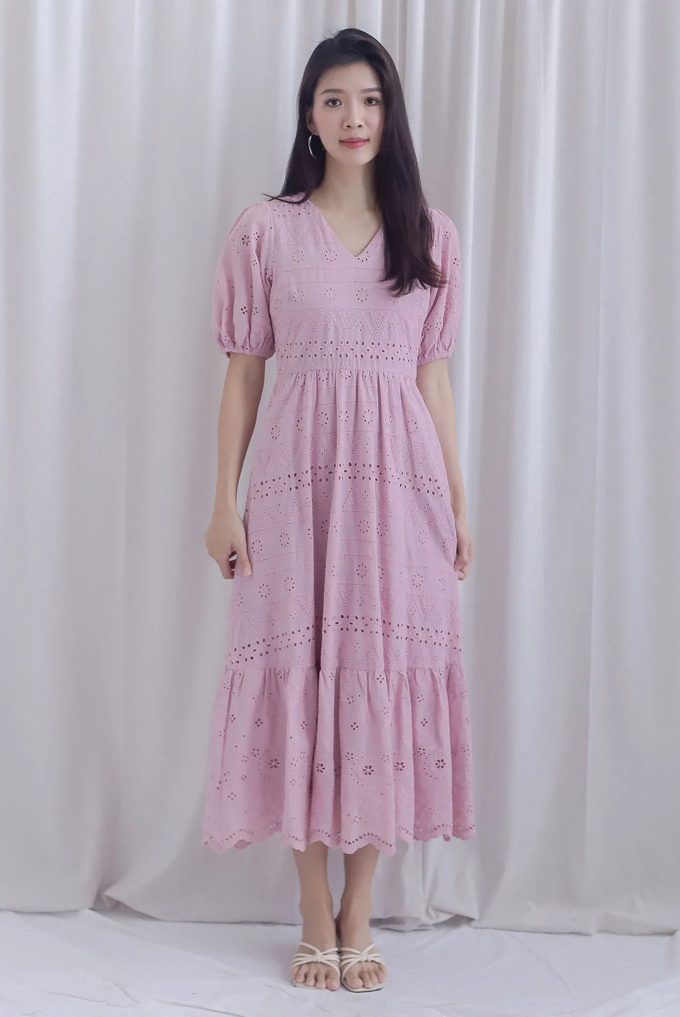 Juliette Eyelet Puffy Sleeve V Neck Midi Dress In Pink