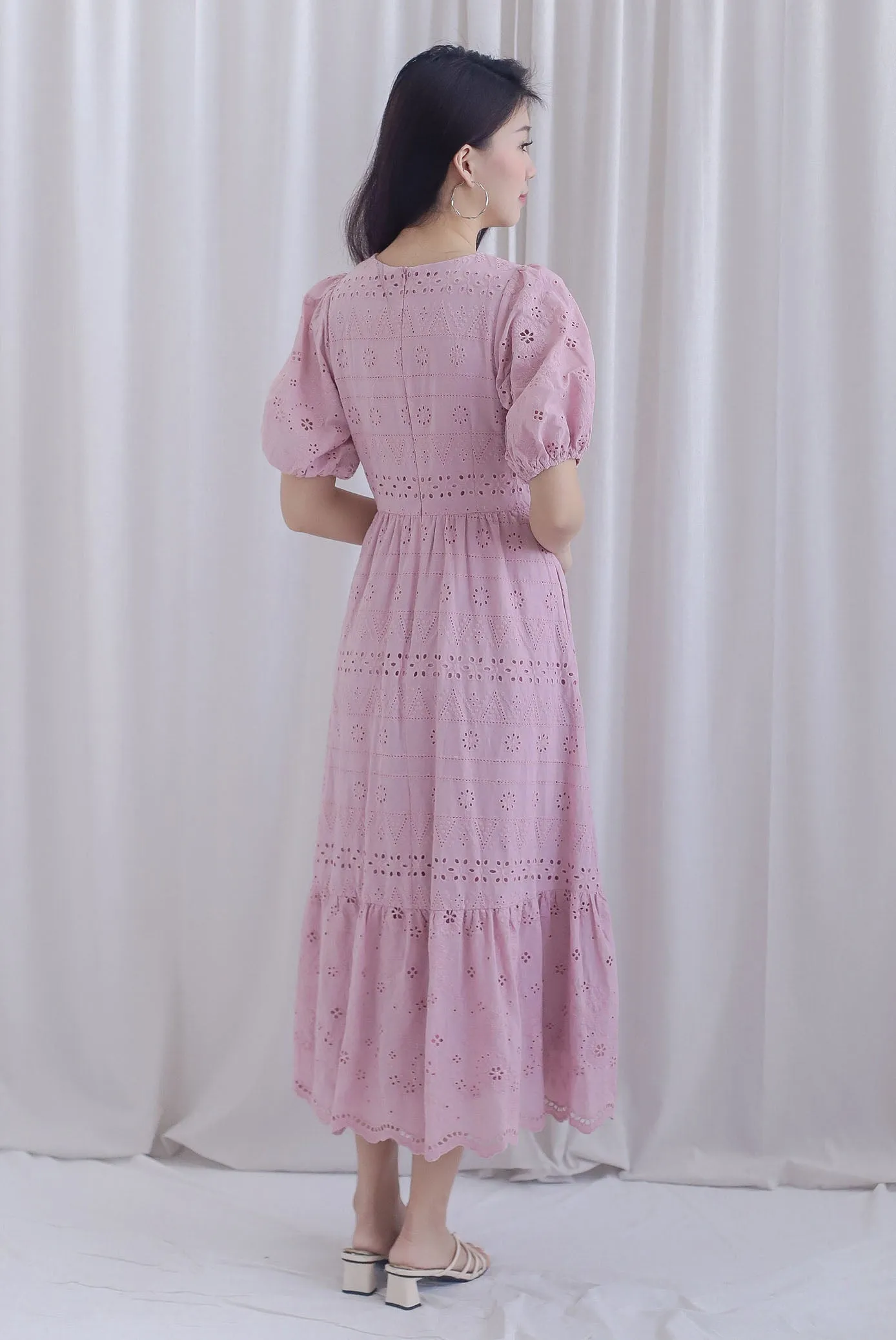 Juliette Eyelet Puffy Sleeve V Neck Midi Dress In Pink