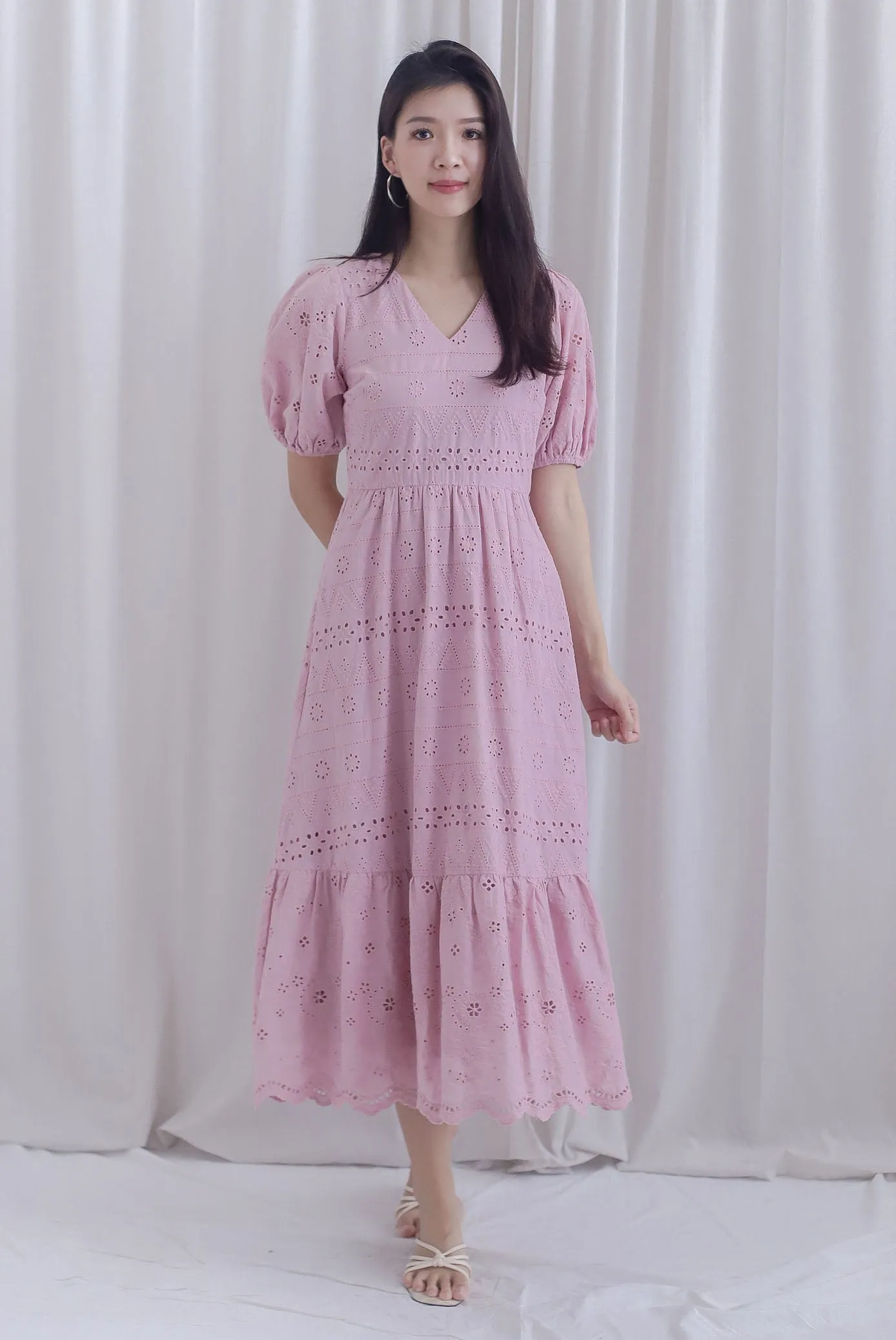 Juliette Eyelet Puffy Sleeve V Neck Midi Dress In Pink