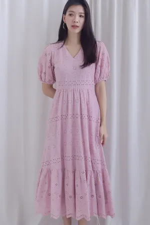 Juliette Eyelet Puffy Sleeve V Neck Midi Dress In Pink