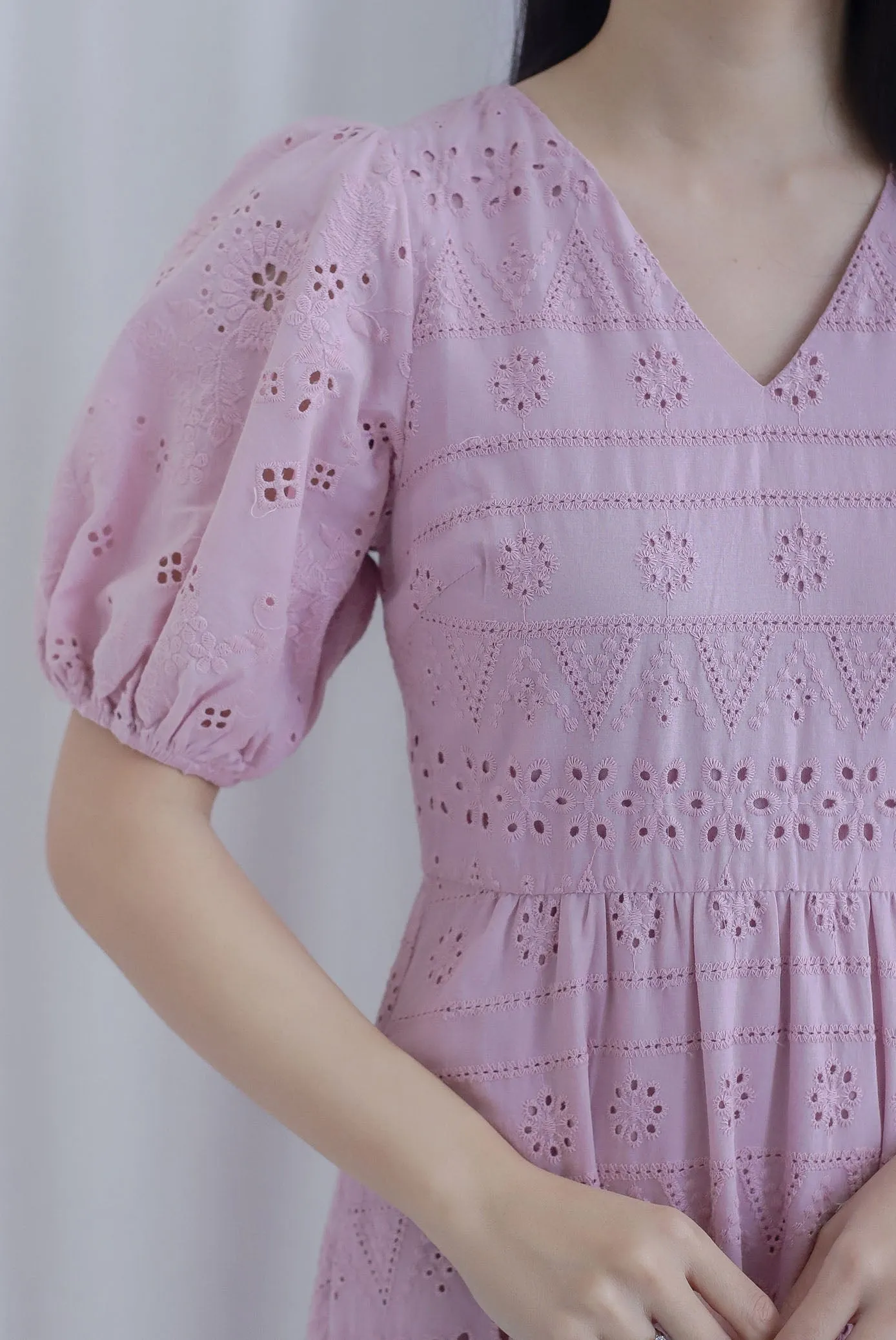 Juliette Eyelet Puffy Sleeve V Neck Midi Dress In Pink