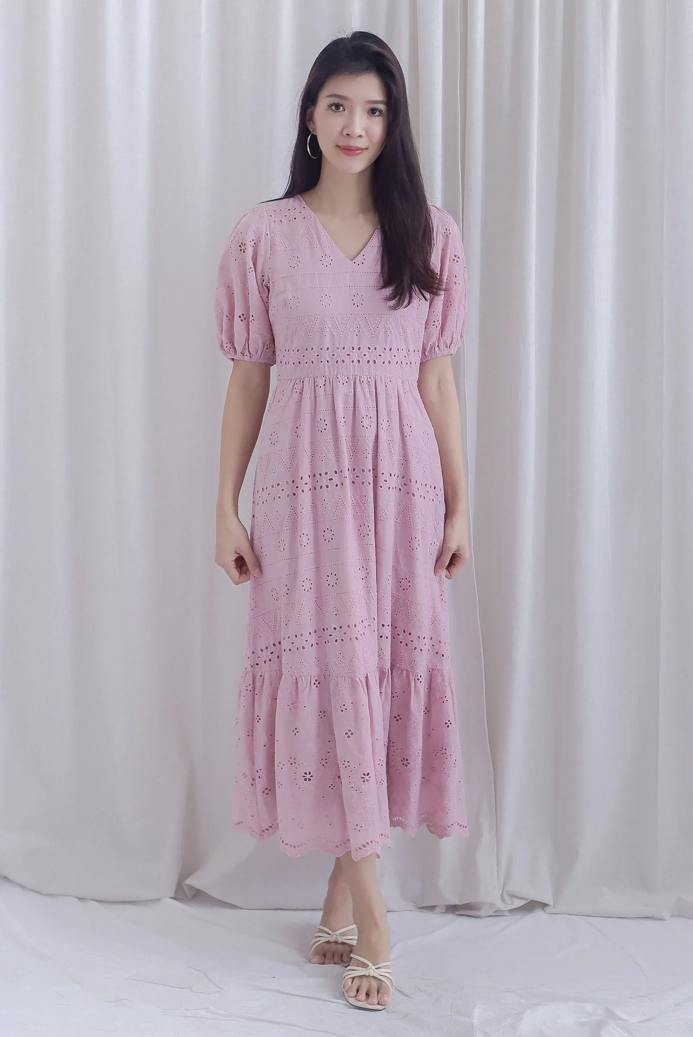 Juliette Eyelet Puffy Sleeve V Neck Midi Dress In Pink