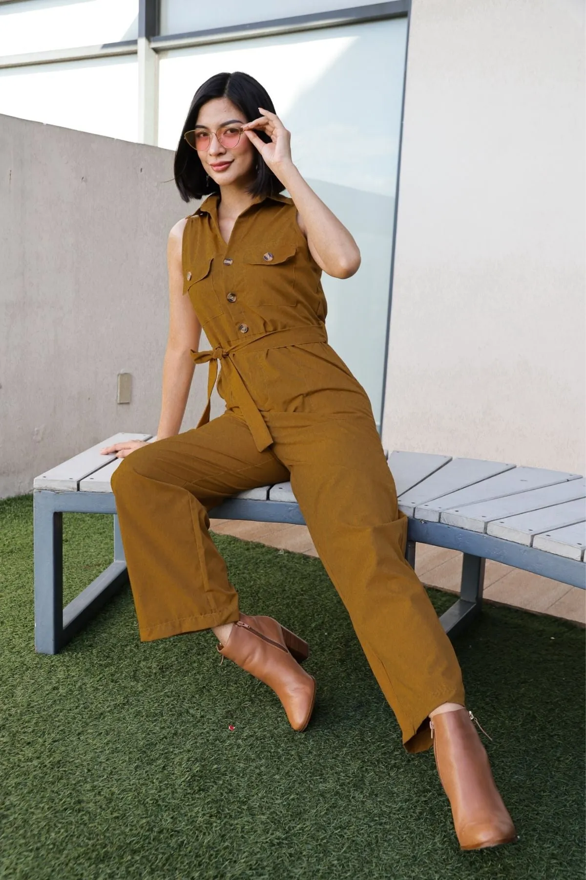 KAT Buttoned Tie-waist Jumpsuit (Deep Mustard)