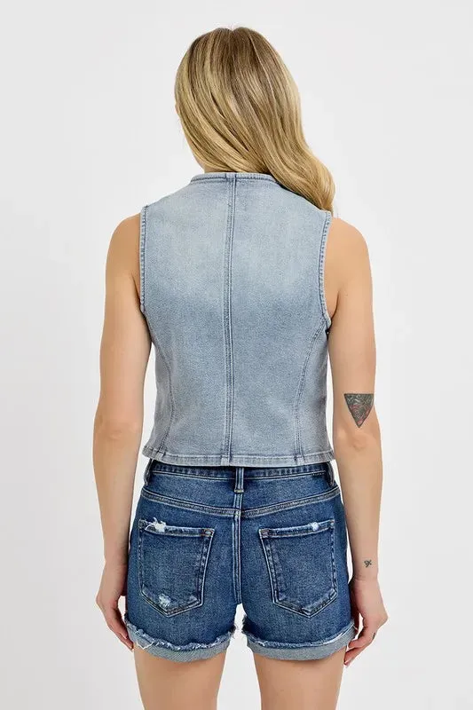 Kaylee V-Neck Button Down Vest in Denim Blue - Sleeveless, Cotton Blend