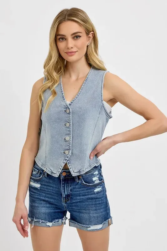 Kaylee V-Neck Button Down Vest in Denim Blue - Sleeveless, Cotton Blend