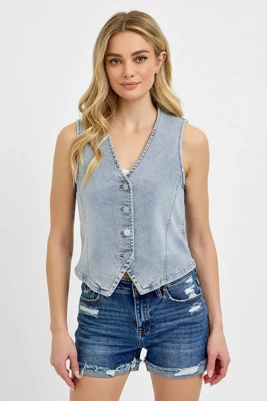 Kaylee V-Neck Button Down Vest in Denim Blue - Sleeveless, Cotton Blend