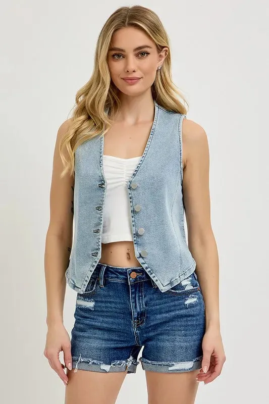 Kaylee V-Neck Button Down Vest in Denim Blue - Sleeveless, Cotton Blend