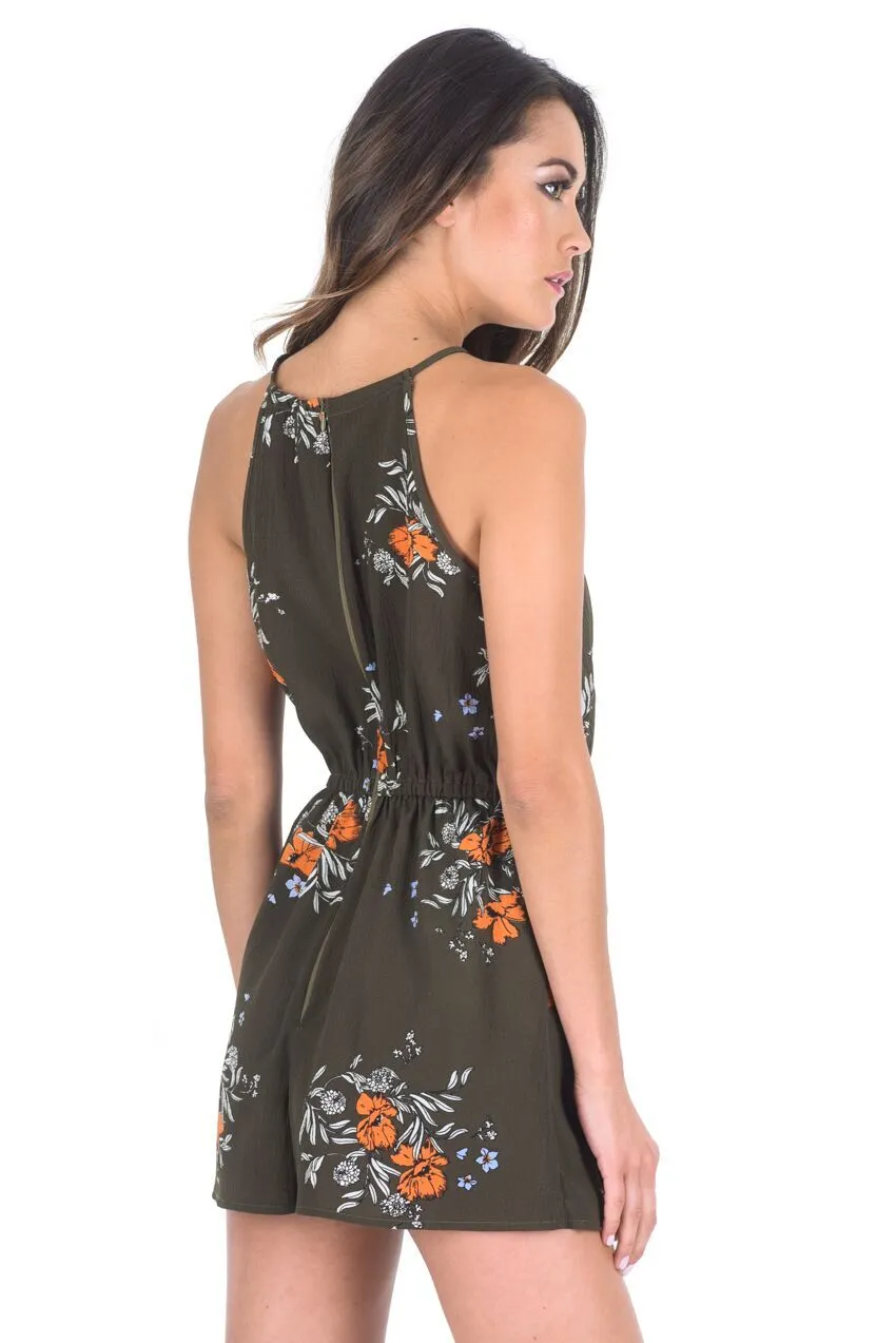 Khaki Floral Print Playsuit